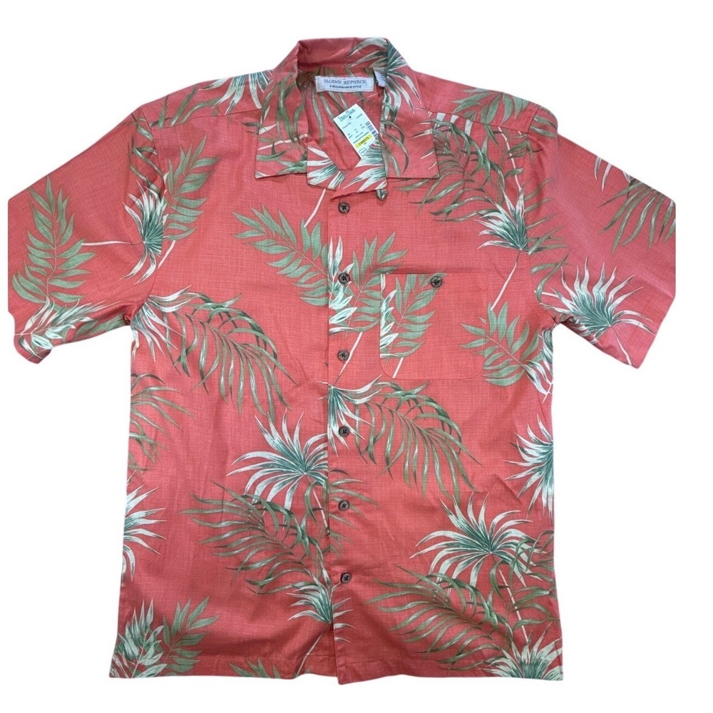 Island Republic Mens Large Tropical Palm Leaf Button Down Shirt Coral Orange NWT